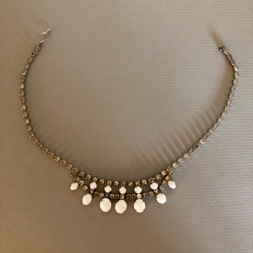 Vintage milk glass and rhinestone necklace 16”